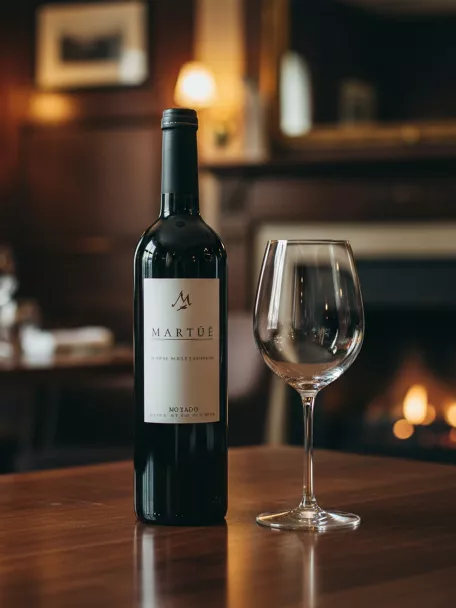 Botella de vino tinto y copa vacía en primer plano sobre mesa de restaurante.