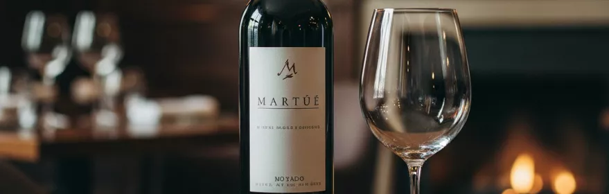 Botella de vino tinto y copa vacía en primer plano sobre mesa de restaurante.