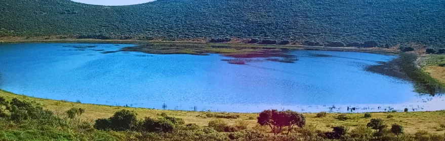 Laguna de origen volcánico rodeada de monte bajo.