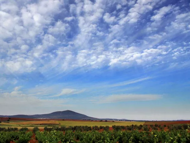 Paisaje rural con campos cultivados, colinas suaves y cielo con nubes dispersas.