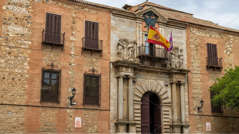 Entrada monumental con columnas y balcones decorados con banderas.