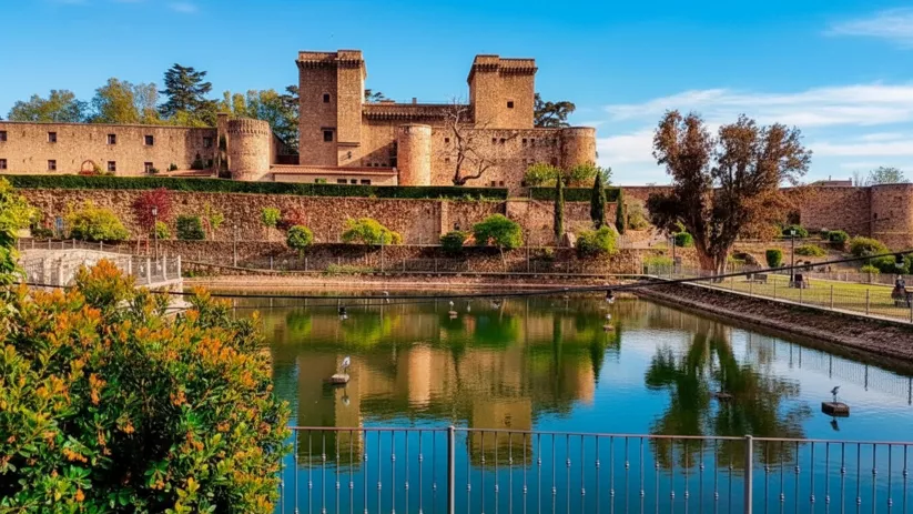 Fortaleza de piedra reflejada en un estanque rodeado de jardines.
