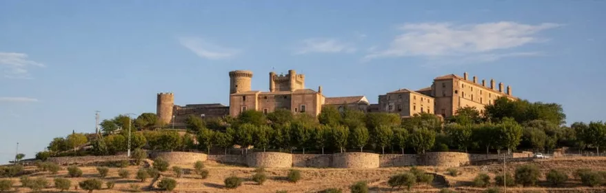 Castillo sobre una colina con campos secos y olivos en primer plano.