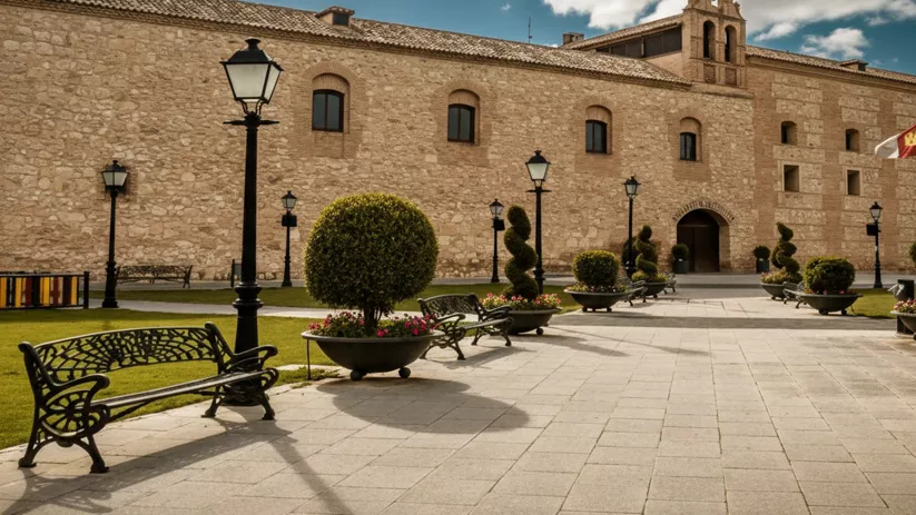 Plaza ajardinada frente a una gran fachada de piedra