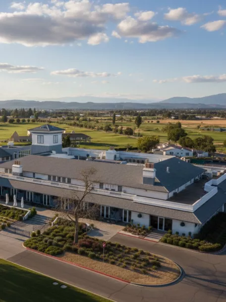Vista aérea de un club junto a un campo de golf, con montañas al fondo.
