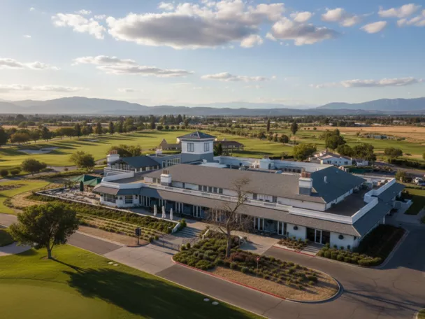 Vista aérea de un club junto a un campo de golf, con montañas al fondo.