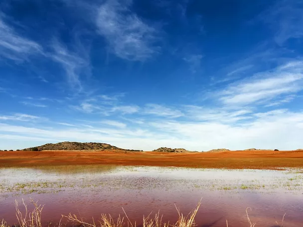 Paisaje llano con terreno rojizo y zonas inundadas.