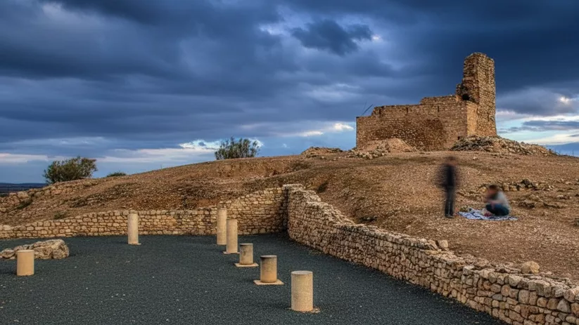 Ruinas de piedra con postes y pasarelas sobre terreno seco.