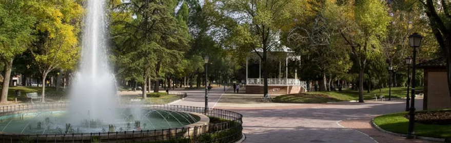 Fuente circular con surtidor alto en parque arbolado.