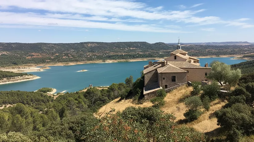 Edificio sobre lago azul
