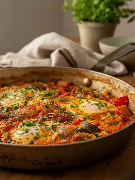 Pisto manchego con huevos en sartén