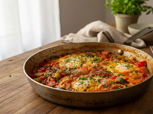 Pisto manchego con huevos en sartén