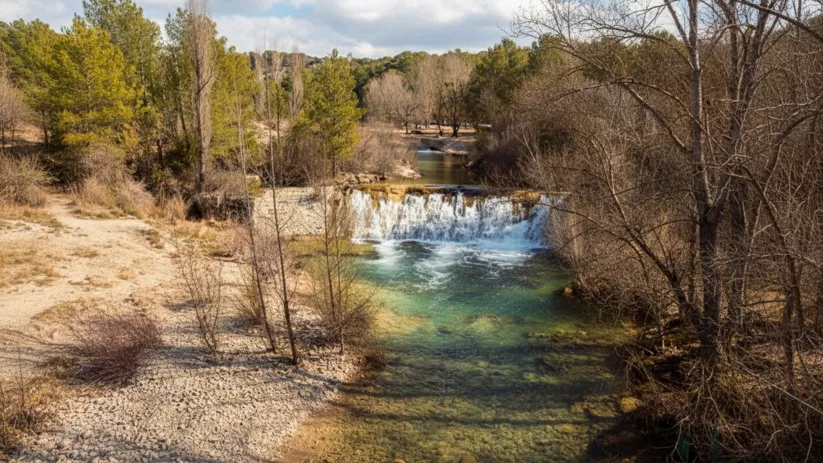 Pequeña cascada en entorno fluvial natural