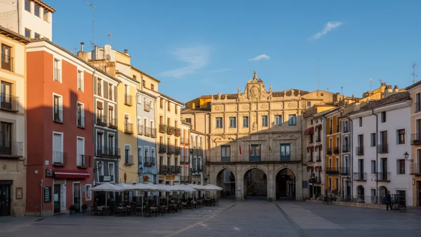 Plaza porticada con terrazas y casas tradicionales