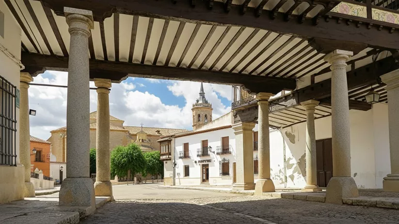 Vista desde un soportal hacia edificios y torre al fondo