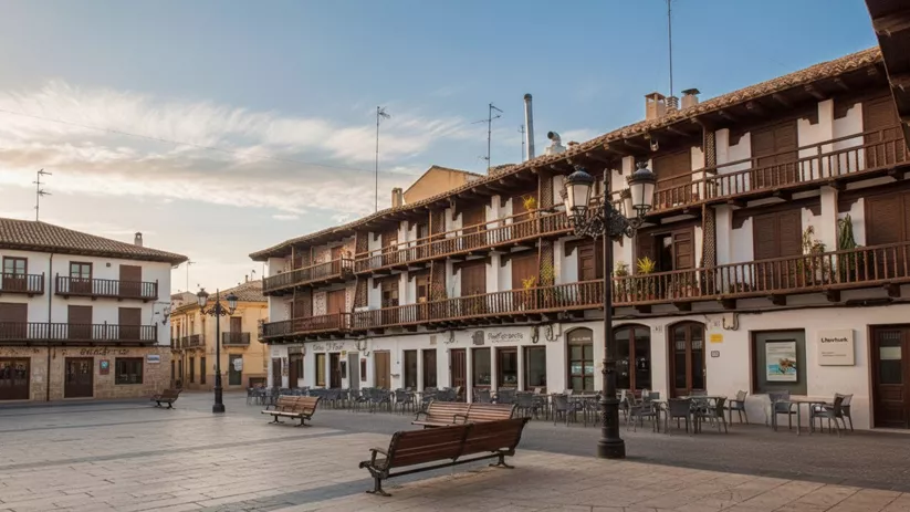 Soportales y casas con balcones de madera alrededor de una plaza con bancos.