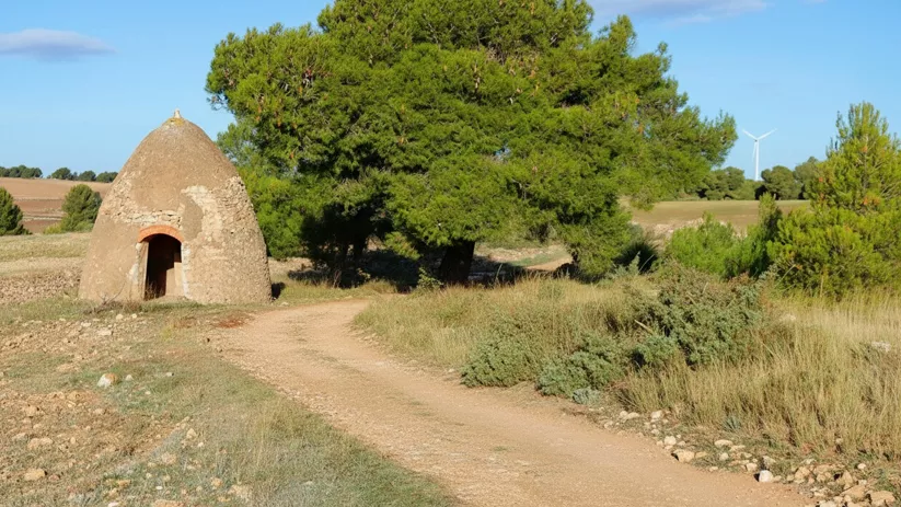 Chozo de piedra tradicional en el entorno rural de Pozo Lorente junto a un camino de tierra.