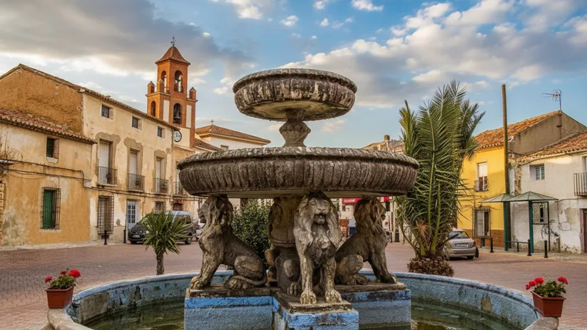 Fuente ornamental con esculturas de leones en la plaza de Pozohondo.