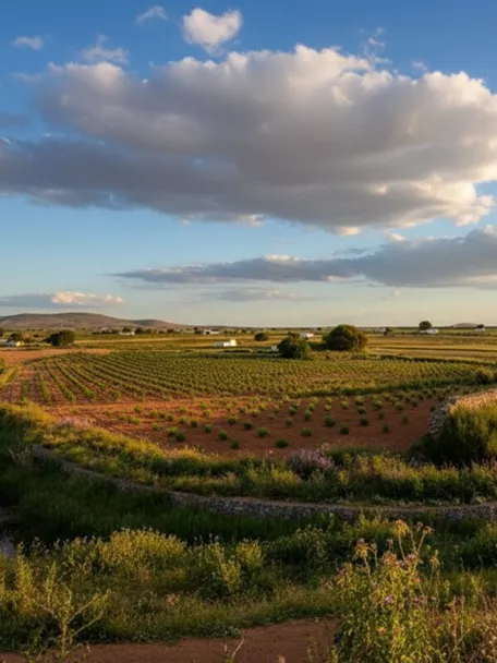 Vista panorámica de campos agrícolas y canal de agua bajo cielo con nubes.