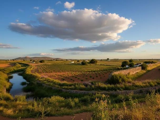 Vista panorámica de campos agrícolas y canal de agua bajo cielo con nubes.