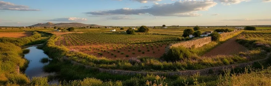 Vista panorámica de campos agrícolas y canal de agua bajo cielo con nubes.