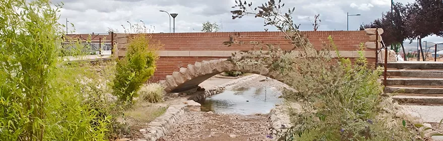 Arroyo canalizado con pequeño puente de piedra y vegetación.