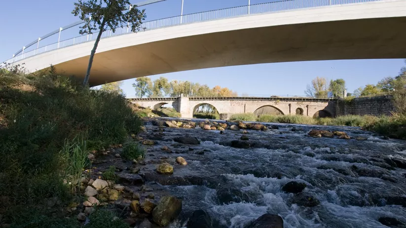 Puente moderno y puente histórico sobre río.
