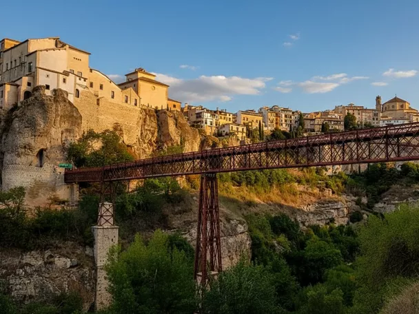 Puente metálico rojo sobre desfiladero rocoso