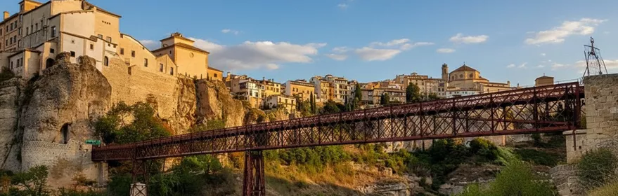 Puente metálico rojo sobre desfiladero rocoso