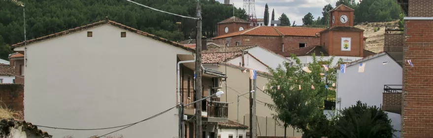Vista del pueblo con tejados y edificios públicos
