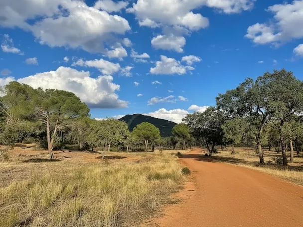 Camino de tierra entre árboles y matorral bajo cielo azul