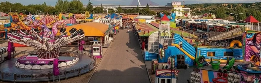 Calle central de feria con atracciones y puestos a ambos lados.