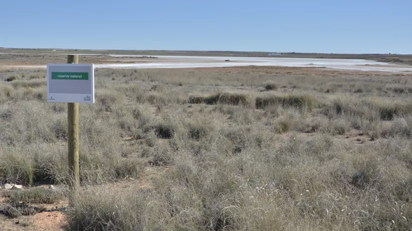 Cartel junto a laguna salina rodeada de pastos secos.
