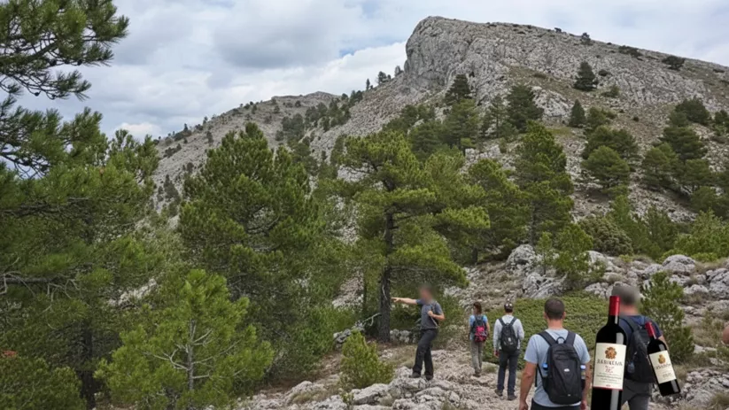 Senderistas caminando entre pinos y rocas en paisaje montañoso.