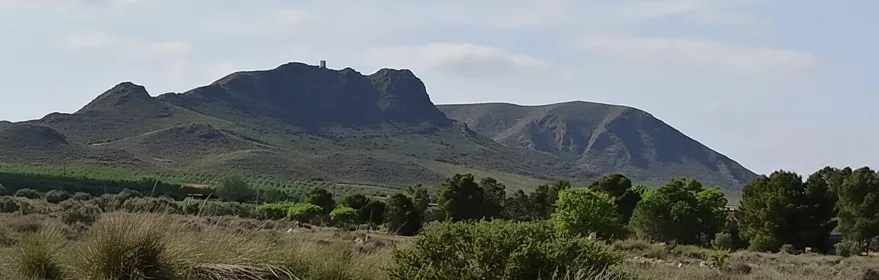 Llanura de matorral con una sierra al fondo y nubes dispersas en el cielo.