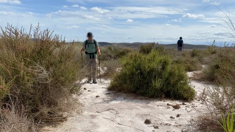 Sendero arenoso entre arbustos, con dos senderistas caminando a lo lejos.