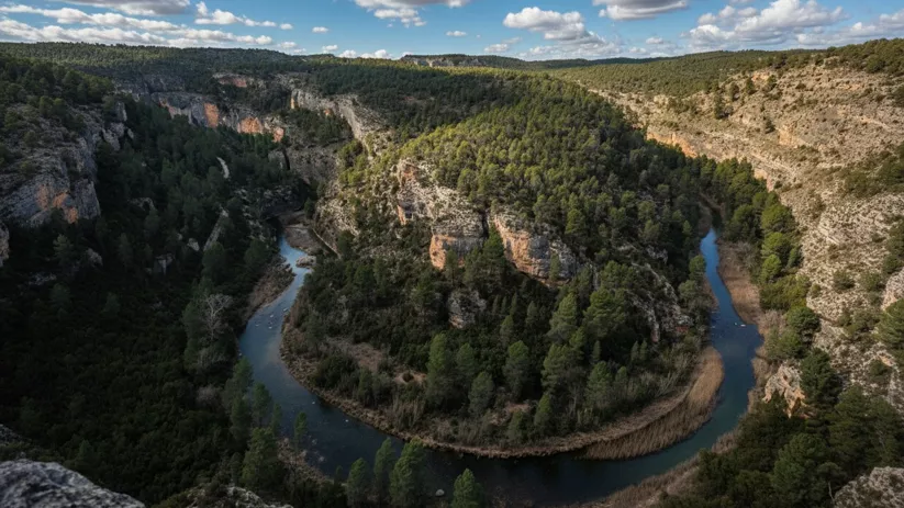 Meandro rodeado de bosque y paredes escarpadas.