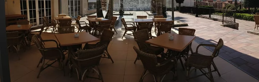 Terraza cubierta con mesas de mimbre y vistas al exterior.