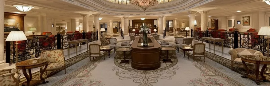 Gran salón con cúpula de vidrio decorada y lámpara central, rodeado de sillones clásicos.