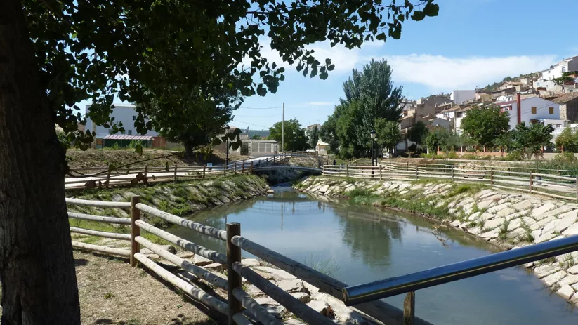 Paseo junto a un canal con árboles y barandillas.