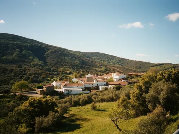 Vista panorámica de un pequeño pueblo de casas blancas con tejados de teja roja, enclavado en un valle verde rodeado de colinas cubiertas de vegetación bajo un cielo azul despejado.