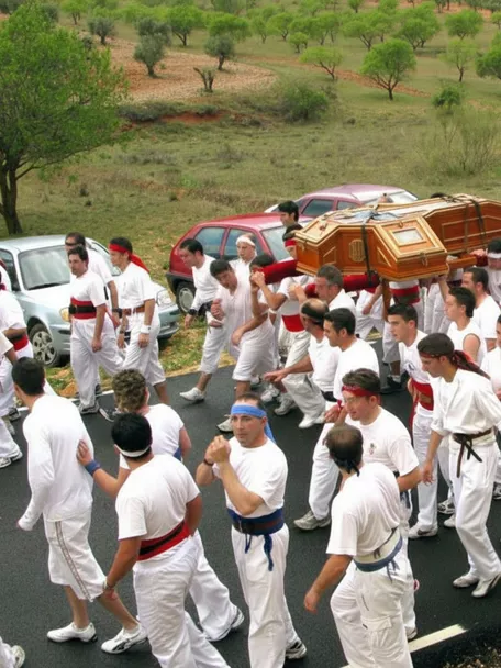 Gran grupo de participantes vestidos de blanco portando un féretro en una carretera junto a coches.