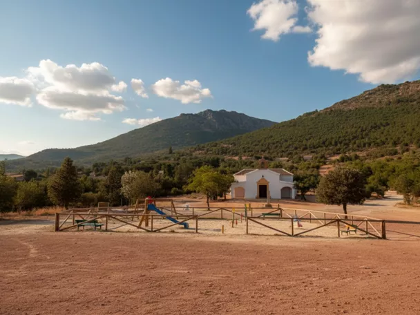 Ermita pequeña en paisaje rural con zona de juegos