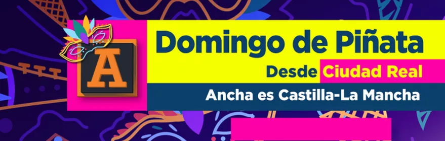 Cartel colorido de evento festivo con máscaras, formas geométricas y tipografía llamativa.