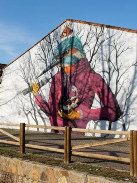 Mural de ave antropomórfica pintado en fachada blanca junto a valla de madera.