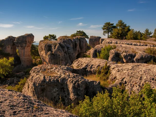 Formaciones rocosas al atardecer entre pinos