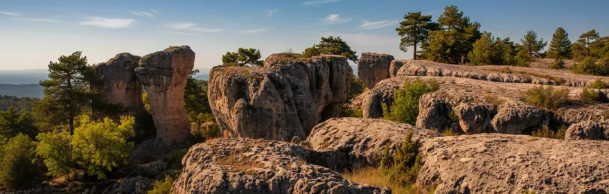 Formaciones rocosas al atardecer entre pinos