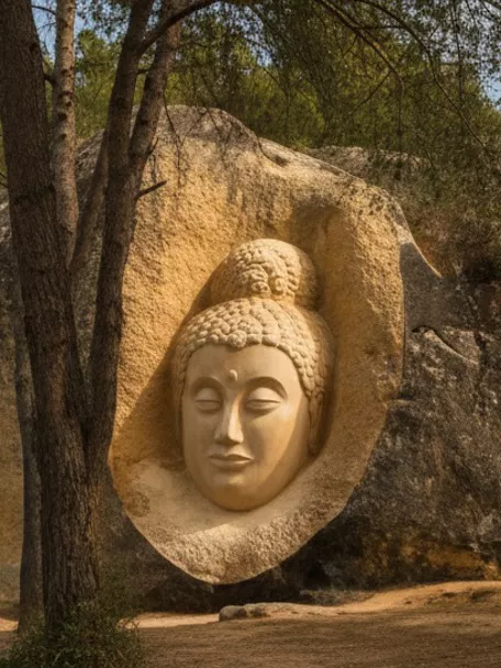 Esculturas monumentales talladas en roca entre pinos