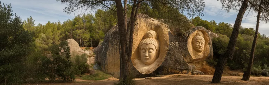 Esculturas monumentales talladas en roca entre pinos