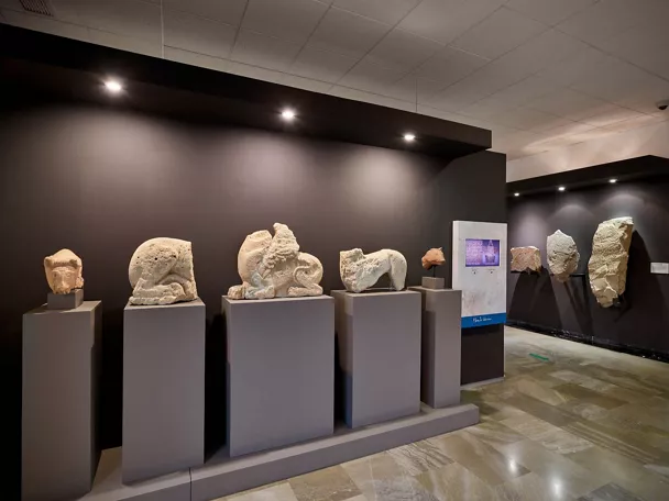 fragmentos escultóricos de piedra expuestos sobre pedestales en sala museística